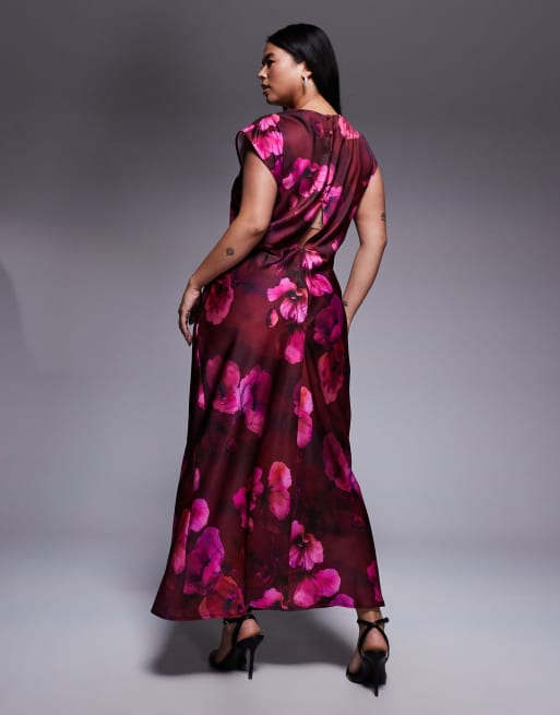 ASOS DESIGN Curve satin high neck pleated bodice midi dress in dark pink floral print