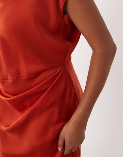 ASOS DESIGN Curve satin high neck pleated bodice midi dress in rust, 2 of 4