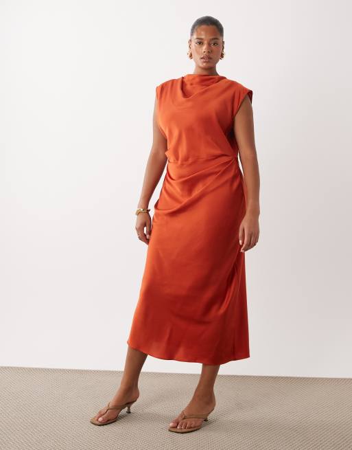 ASOS DESIGN Curve satin high neck pleated bodice midi dress in rust, 3 of 4