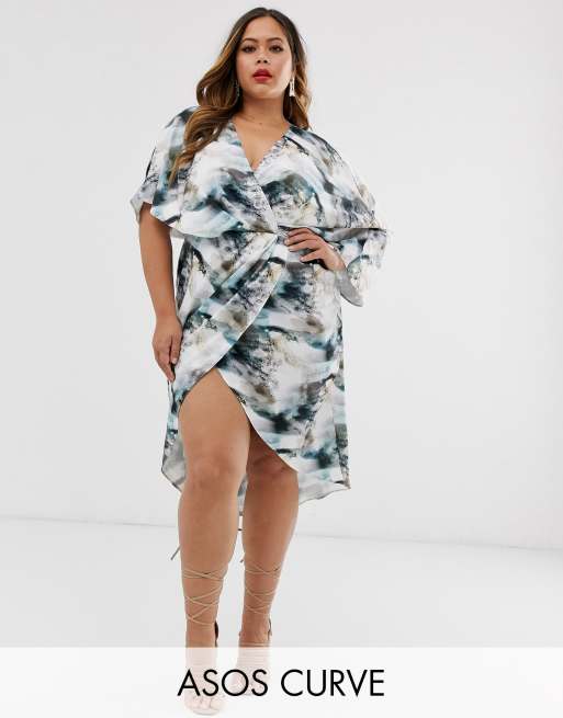 Asos design satin kimono midi dress clearance with knot front and asymmetric sleeve