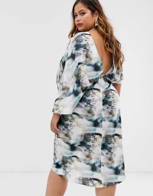 Asos design satin kimono midi dress store with knot front and asymmetric sleeve