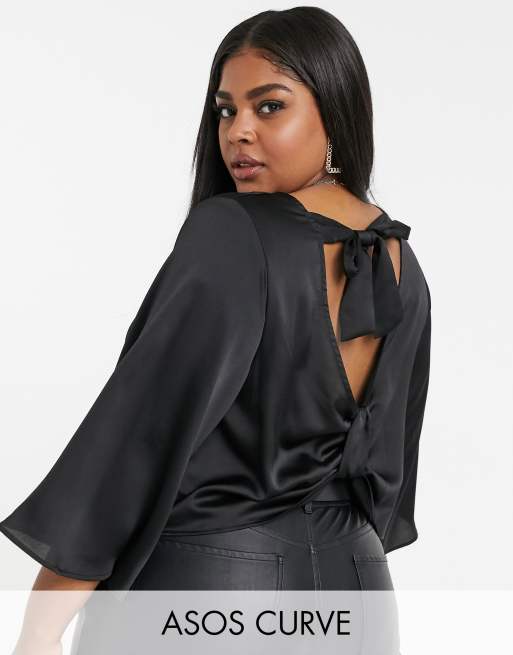 ASOS DESIGN Curve satin kimono sleeve top with knot back detail in