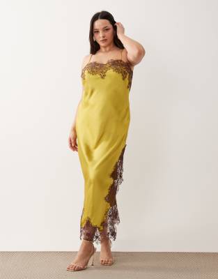 Asos Curve Asos Design Curve Satin Lace Applique Midi Dress In Green