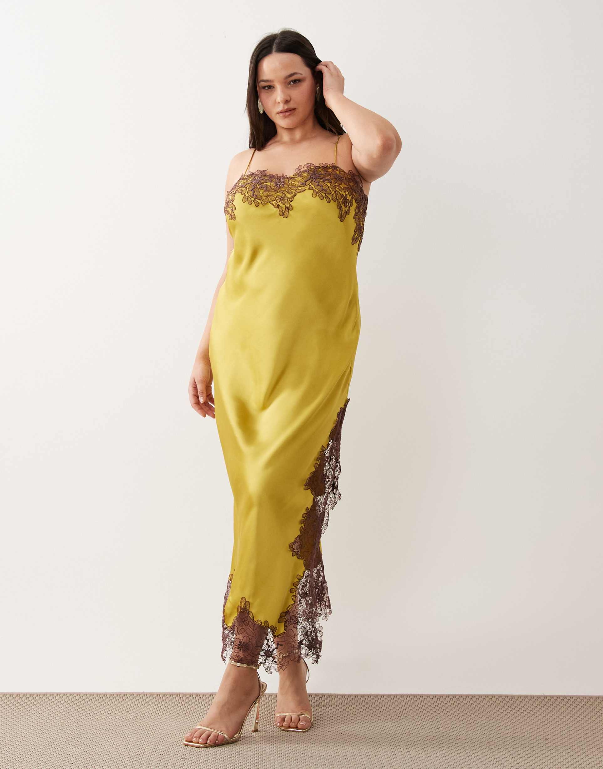 asos design curve satin lace applique midi dress in bright olive green