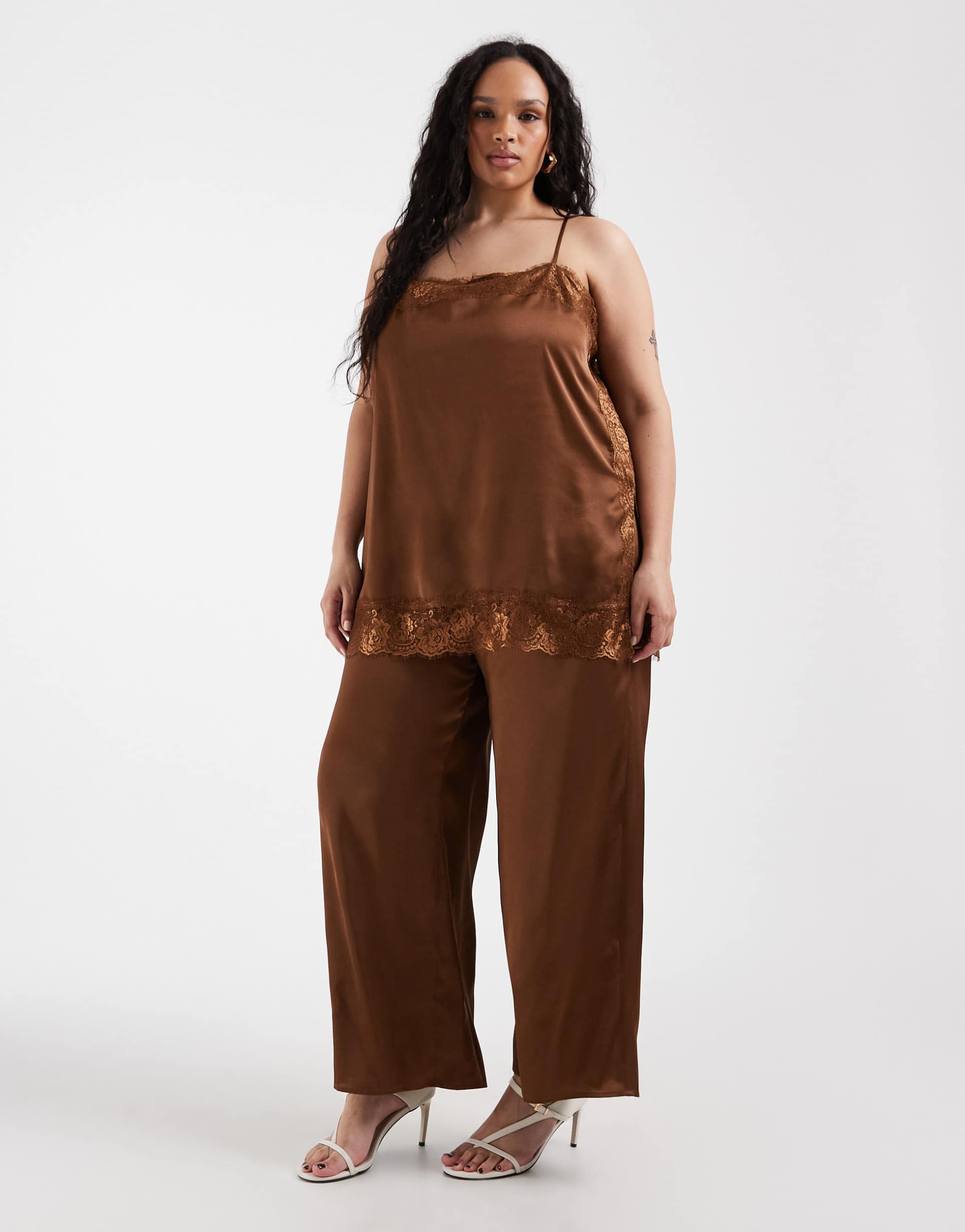 asos design curve satin lace cami jumpsuit in brown