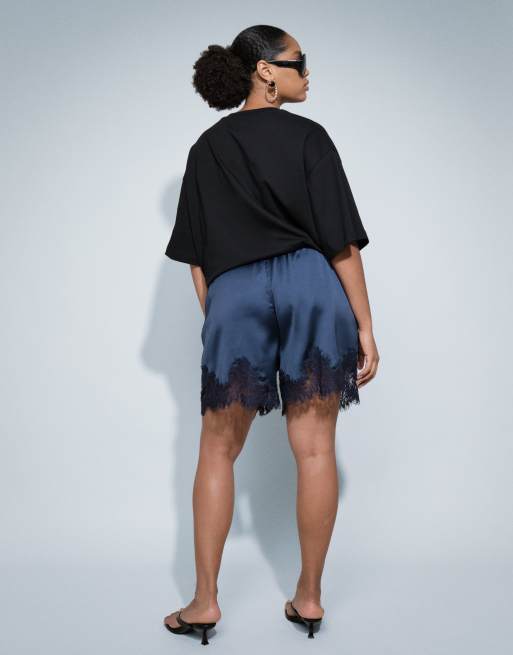 ASOS DESIGN Curve satin lace trim drawstring waist shorts in navy, 4 of 7