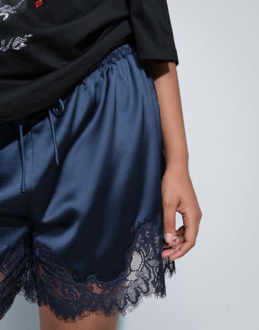 ASOS DESIGN Curve satin lace trim drawstring waist shorts in navy, 5 of 7