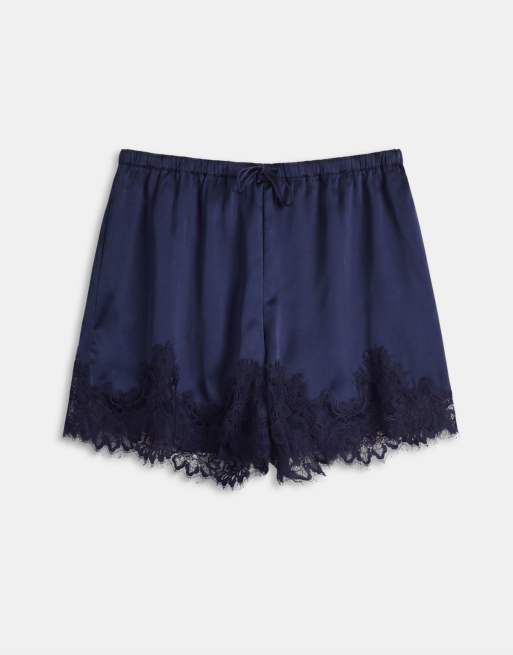 ASOS DESIGN Curve satin lace trim drawstring waist shorts in navy, 6 of 7