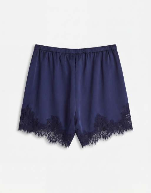 ASOS DESIGN Curve satin lace trim drawstring waist shorts in navy, 7 of 7