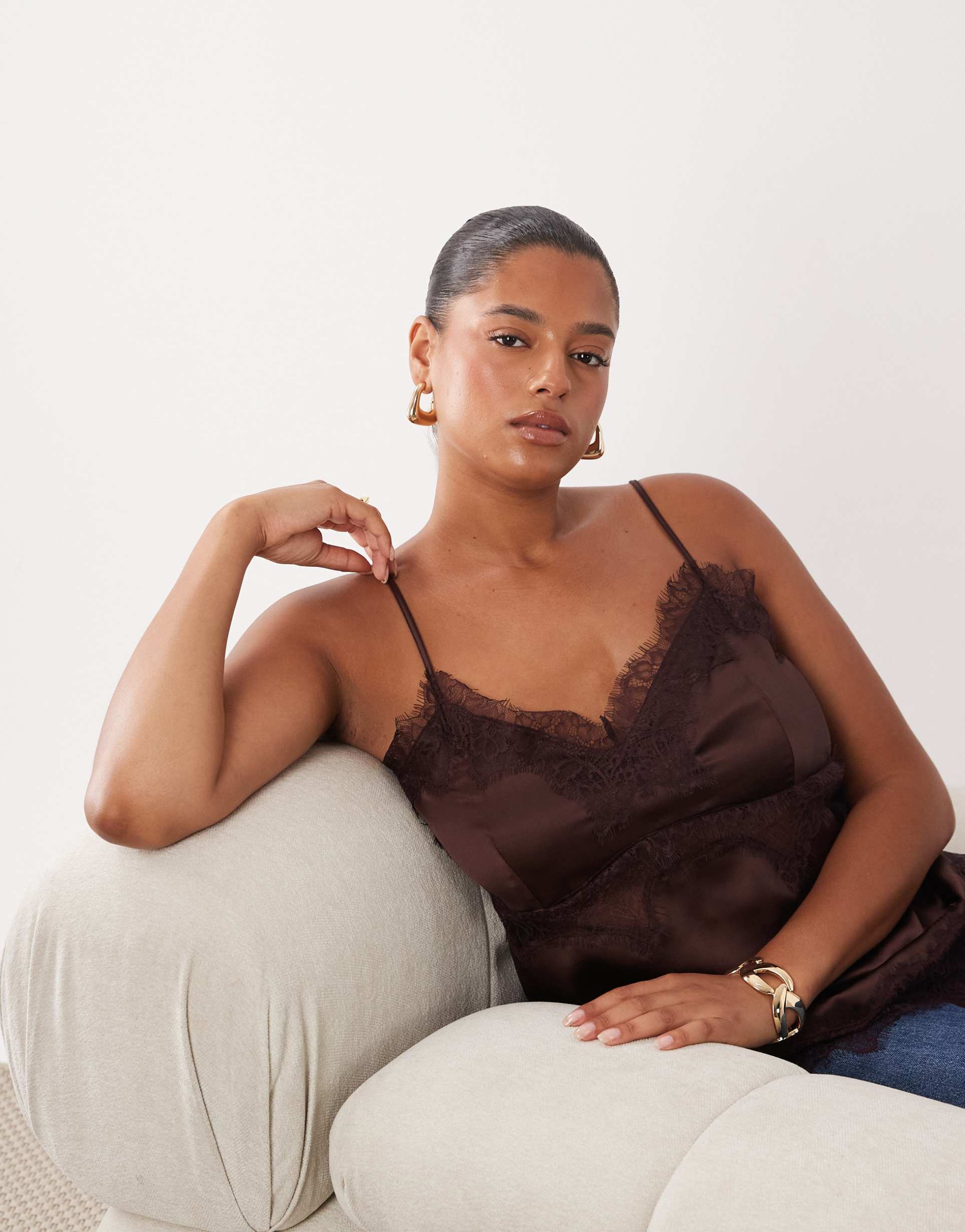 asos design curve satin lace trim long line satin cami top in chocolate