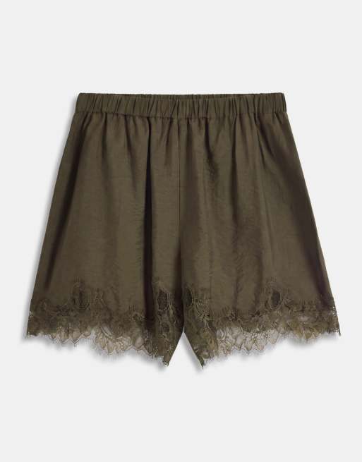 ASOS DESIGN Curve satin lace trim short in khaki - KHAKI, 6 of 9