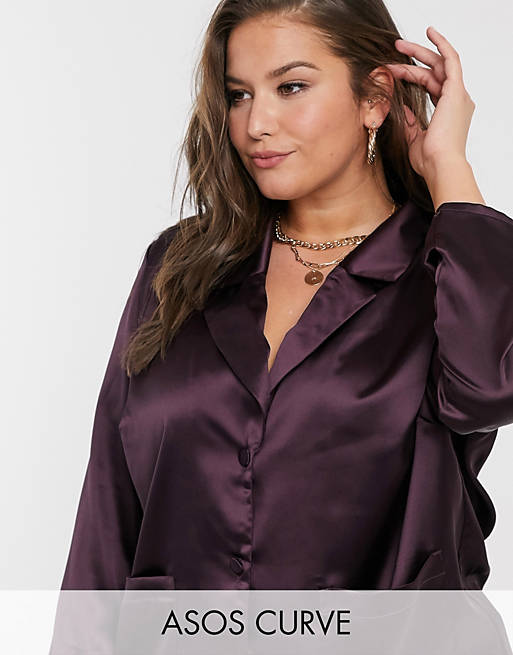 ASOS DESIGN Curve satin light weight blazer blouse in plum