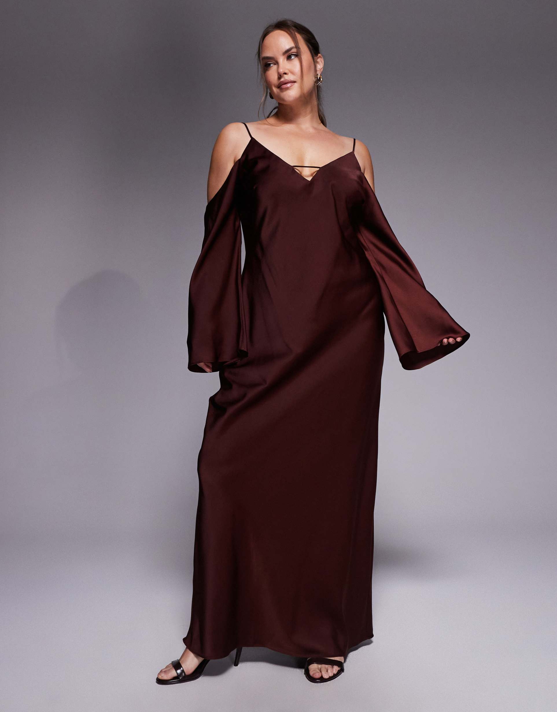 asos design curve satin long sleeve fallen shoulder cami midi dress in chocolate
