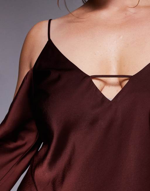 ASOS DESIGN Curve satin long sleeve fallen shoulder cami midi dress in chocolate, 2 of 4