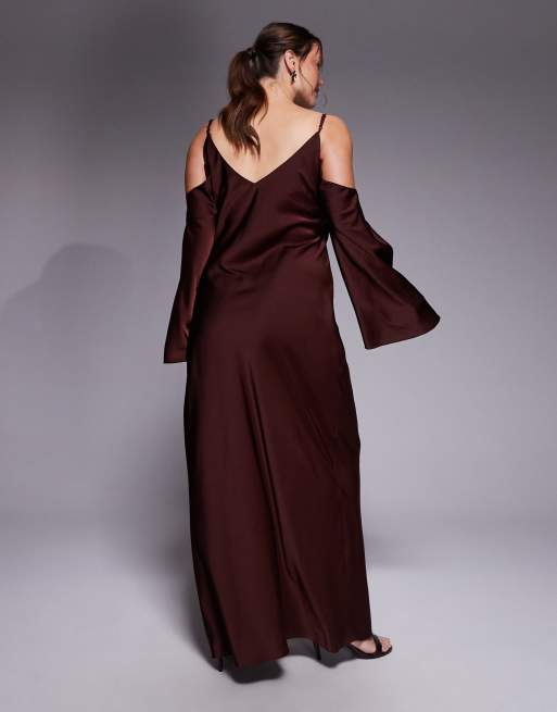 ASOS DESIGN Curve satin long sleeve fallen shoulder cami midi dress in chocolate, 3 of 4