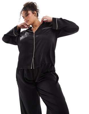 ASOS DESIGN Curve satin long sleeve shirt & pant pajama set in black