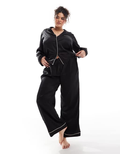 ASOS DESIGN Curve satin long sleeve shirt & pant pajama set in black, 2 of 4