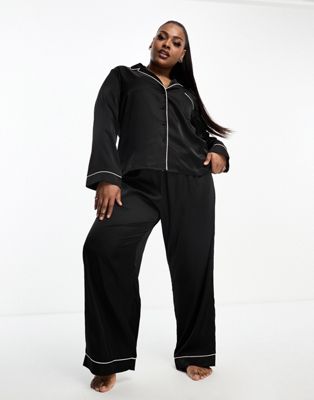 ASOS DESIGN Curve satin long sleeve shirt & trouser pyjama set in black - ASOS Price Checker