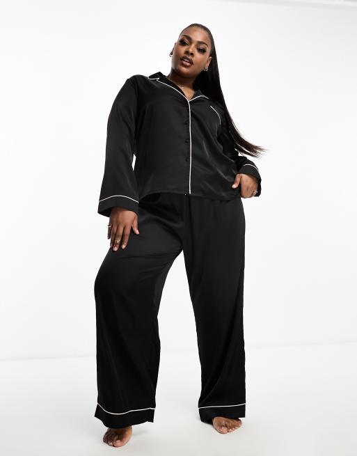ASOS DESIGN Curve satin long-sleeved shirt and pants pyjama set in black