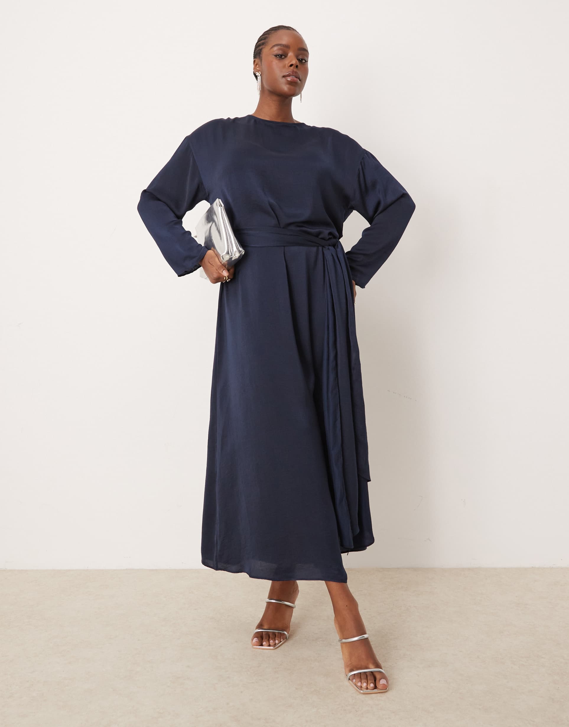 asos design curve satin long sleeved tie detail maxi dress in navy