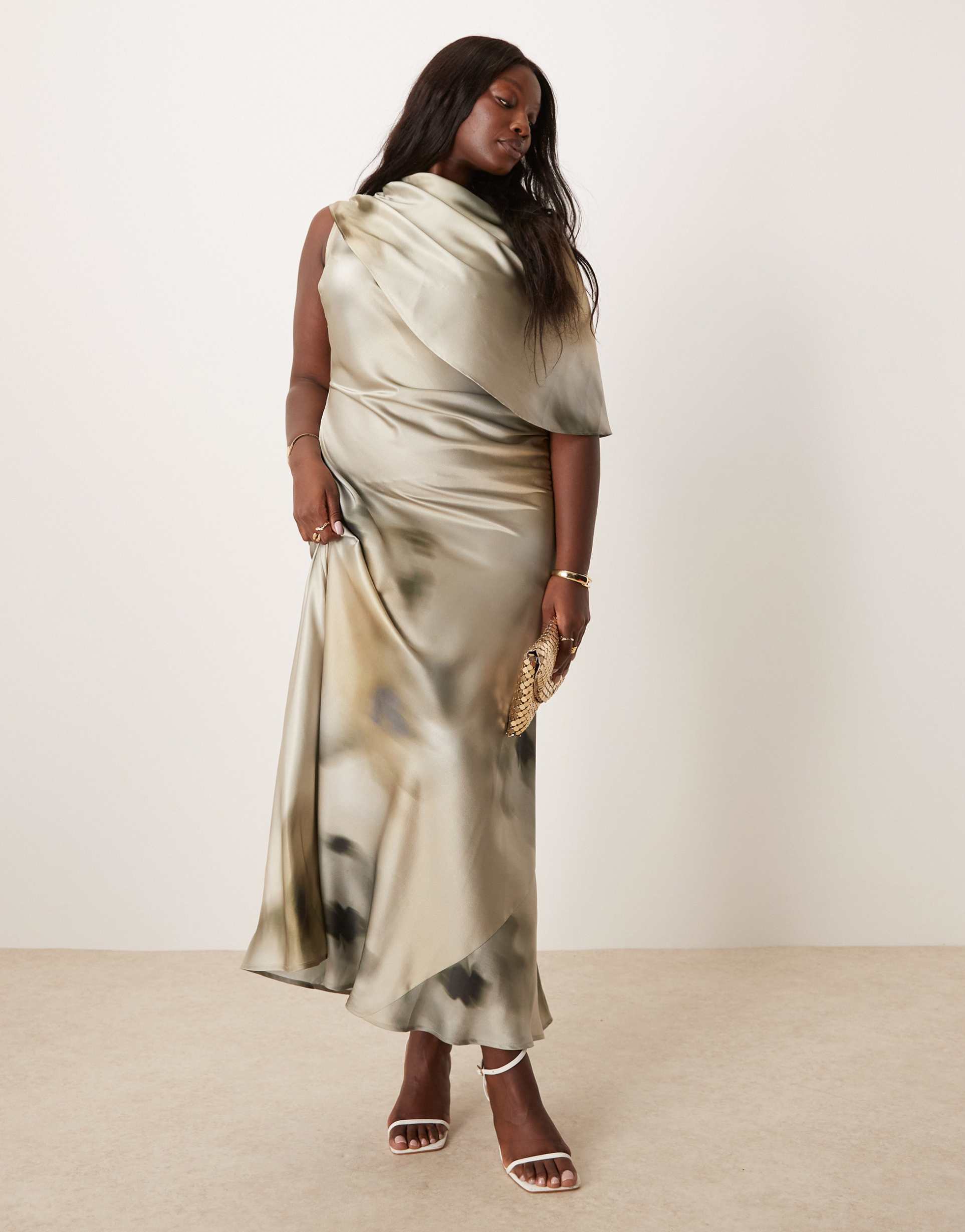 asos design curve satin maxi dress slashed neck cape detail in smoked floral