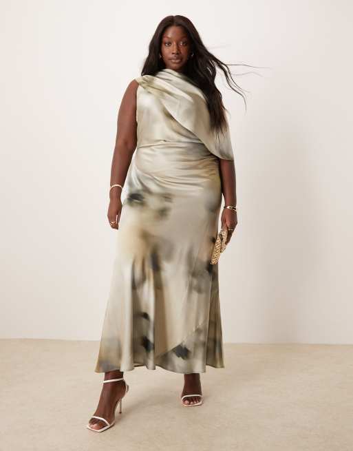ASOS DESIGN Curve satin maxi dress slashed neck cape detail in smoked floral, 4 of 4