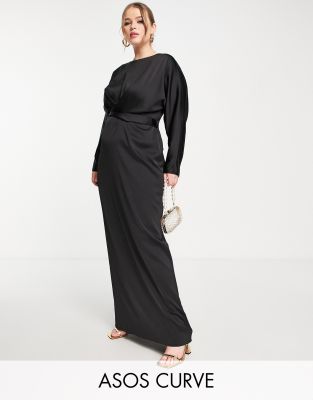 ASOS DESIGN Curve satin maxi dress with batwing sleeve and wrap waist in Black - ASOS Price Checker