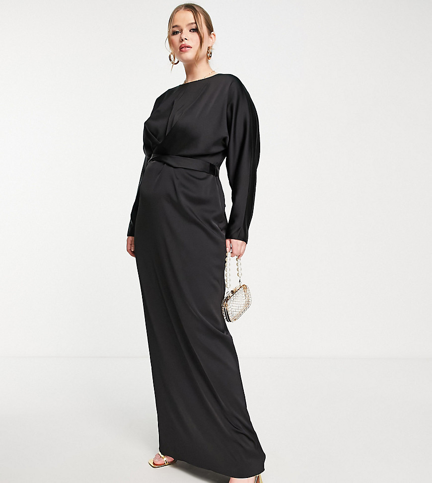 ASOS DESIGN Curve satin maxi dress with batwing sleeve and wrap waist in Black