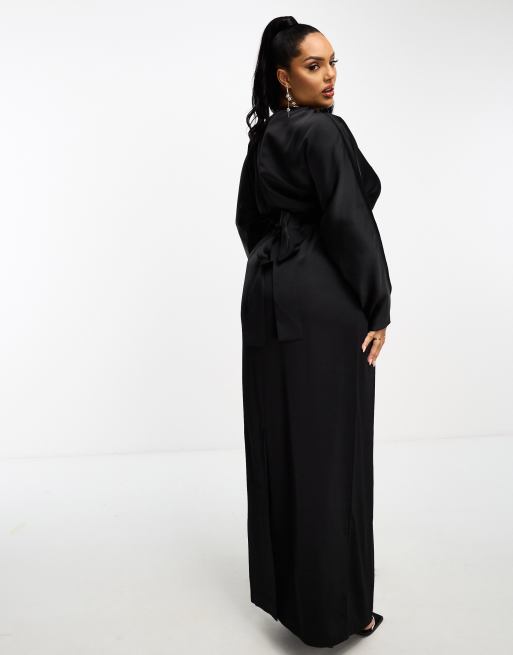 ASOS DESIGN Curve satin maxi dress with batwing sleeve and wrap waist in black