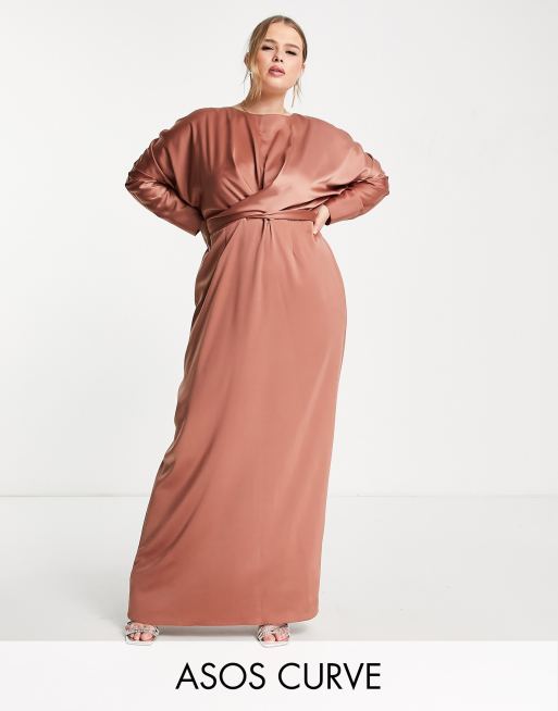 ASOS DESIGN Curve satin maxi dress with batwing sleeve and wrap waist in mink