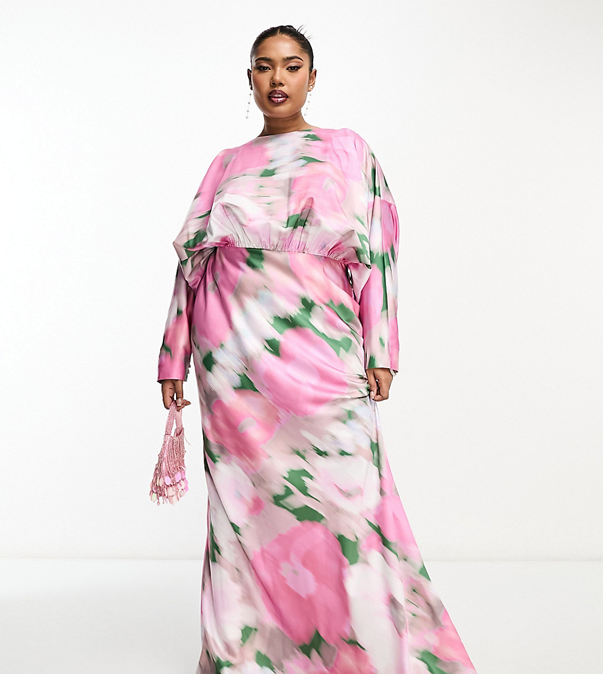 ASOS DESIGN Curve satin maxi dress with batwing sleeve in blurred floral-Multi
