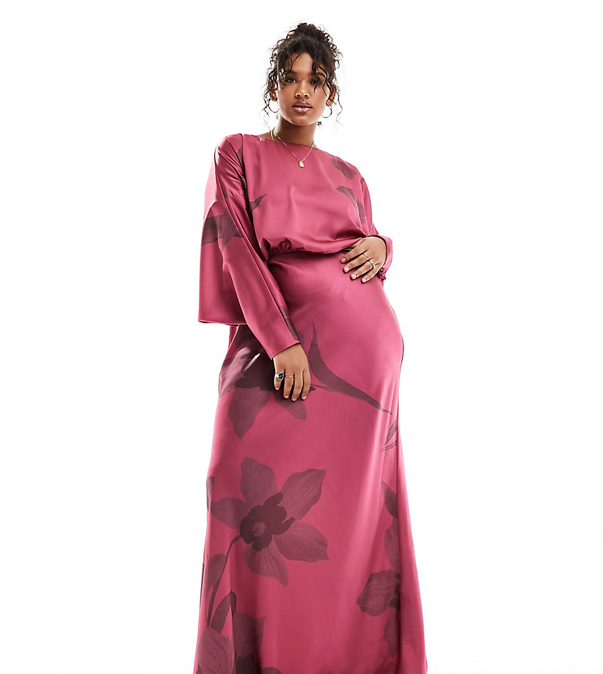 ASOS DESIGN Curve satin maxi dress with batwing sleeve in large floral-Multi