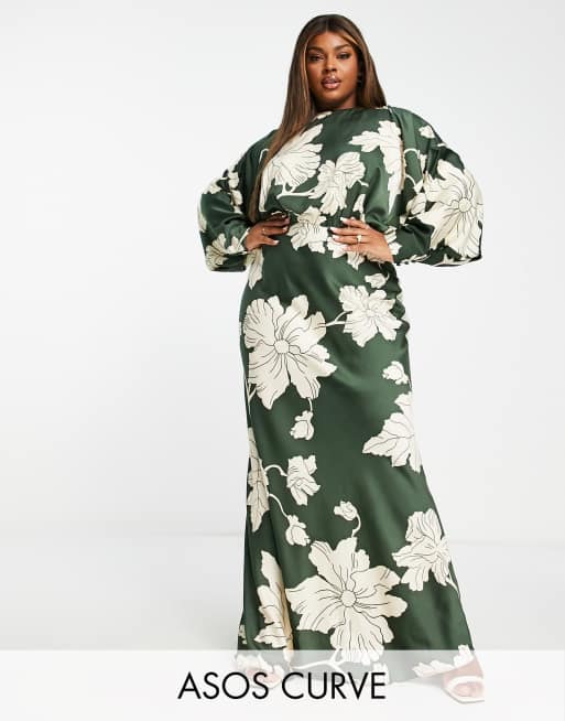 ASOS DESIGN Curve satin maxi dress with batwing sleeve in large stencil  floral