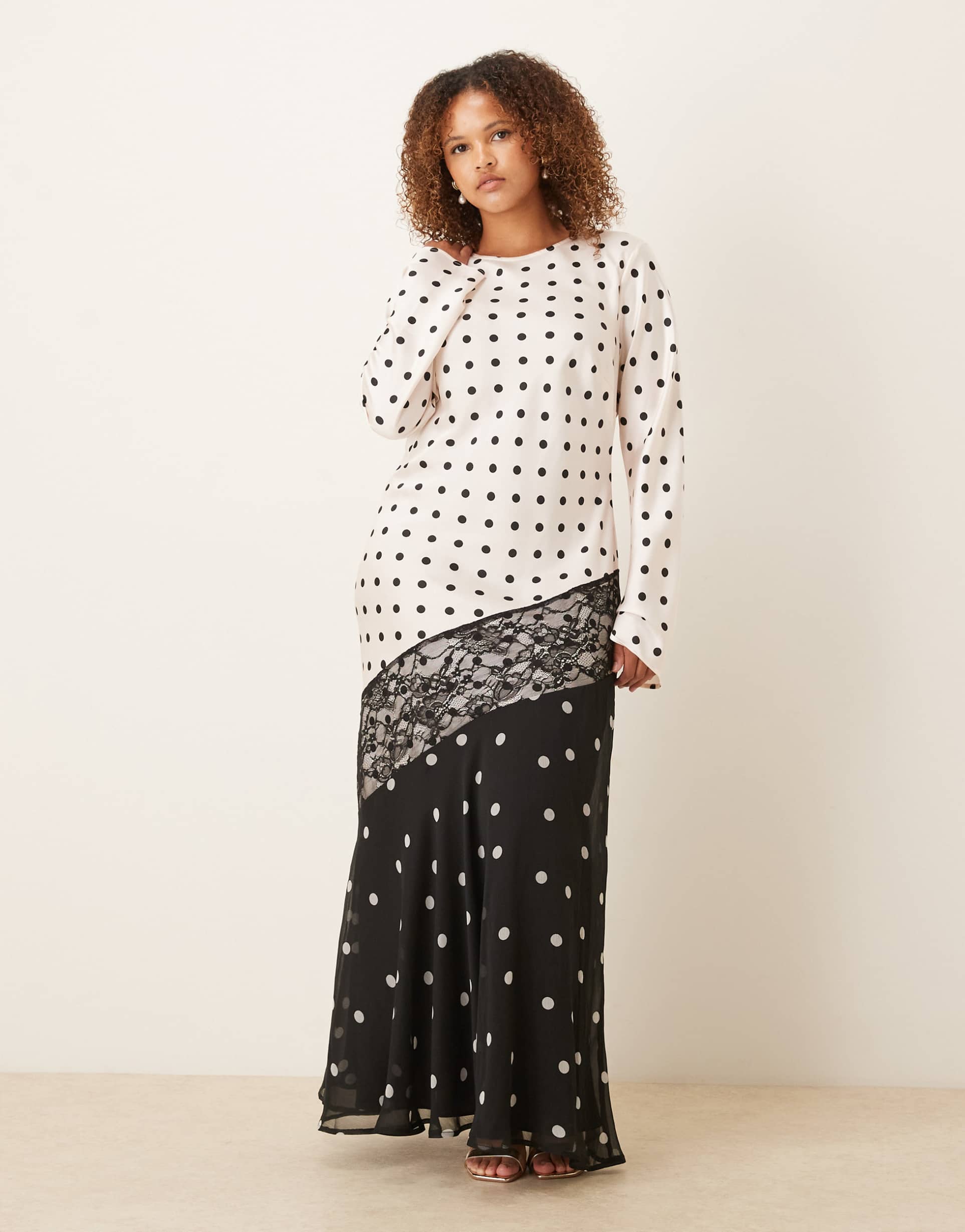 asos design curve satin maxi dress with lace trim in black and white polka dots