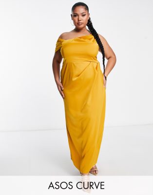 ASOS DESIGN Curve - Satin-Maxikleid in Gold mit One-Shoulder-Träger und Faltendetail-Goldfarben