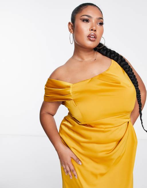 ASOS DESIGN Curve – Satin-Maxikleid in Gold mit One-Shoulder-Träger und Faltendetail , 3 von 4