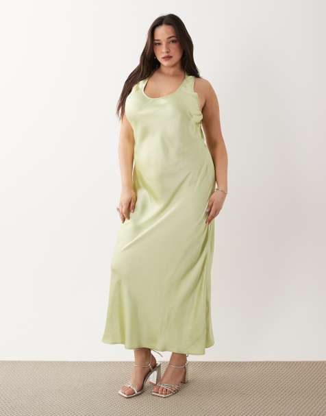 ASOS DESIGN Curve – Satin-Maxikleid in Limettengrün mit U-Ausschnitt - view 1