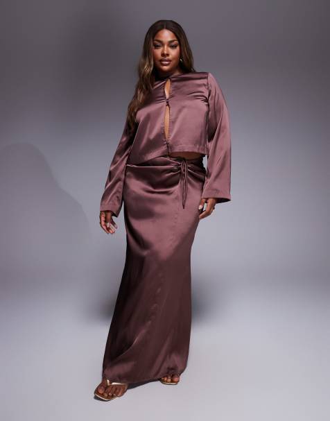 ASOS DESIGN Curve – Satin-Maxirock in Schokobraun mit Raffung, Kombiteil - view 1