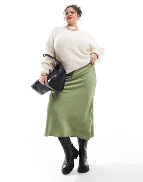 ASOS DESIGN Curve satin midi bias cut skirt in green - view 1