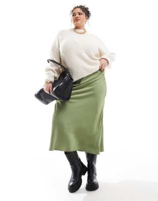 ASOS Curve ASOS DESIGN Curve satin midi bias skirt in khaki-Green