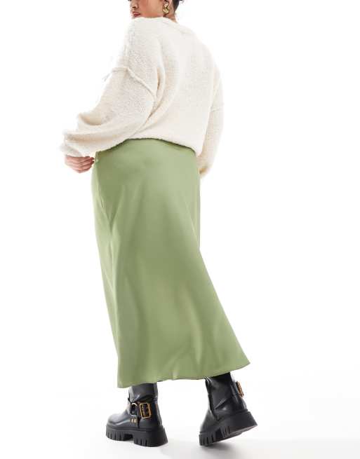 ASOS DESIGN Curve satin midi bias skirt in khaki, 5 of 5