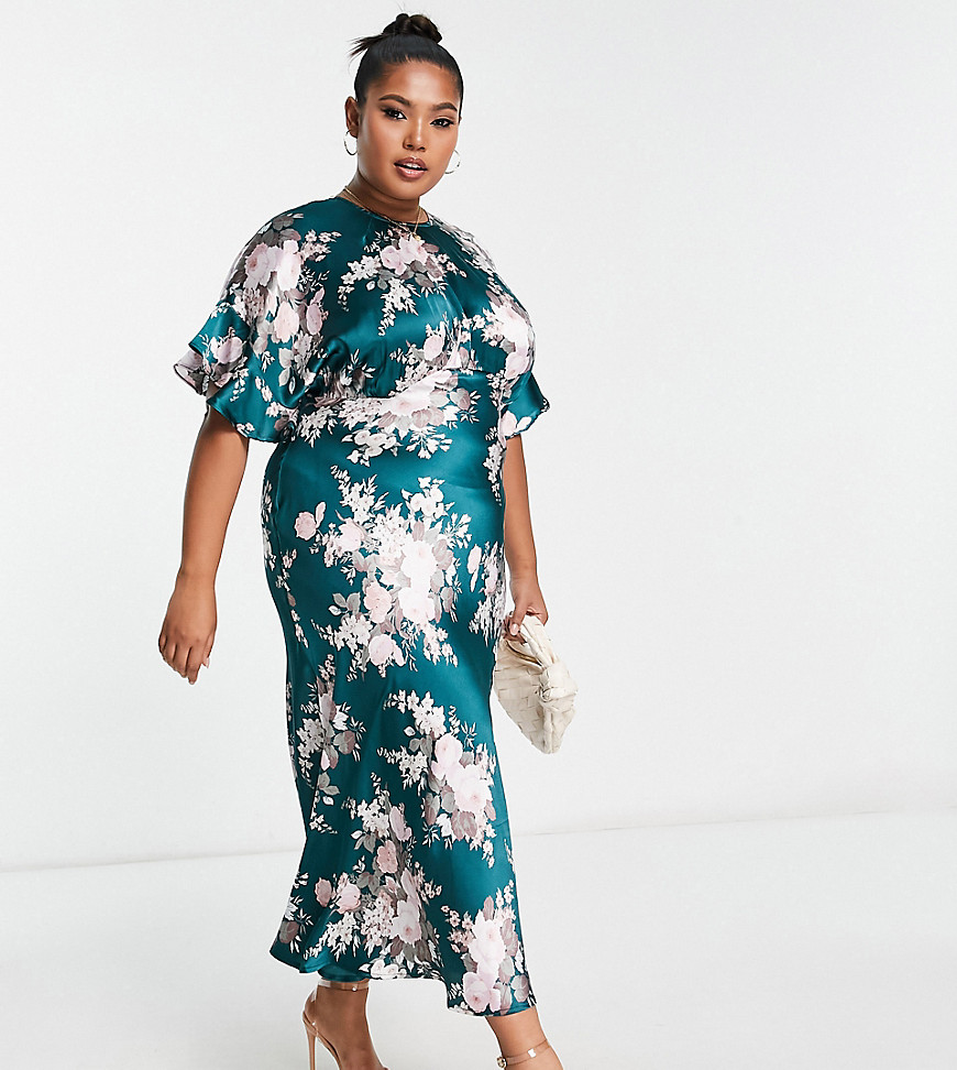 ASOS DESIGN Curve satin midi dress with blouson bodice in vintage floral print-Multi