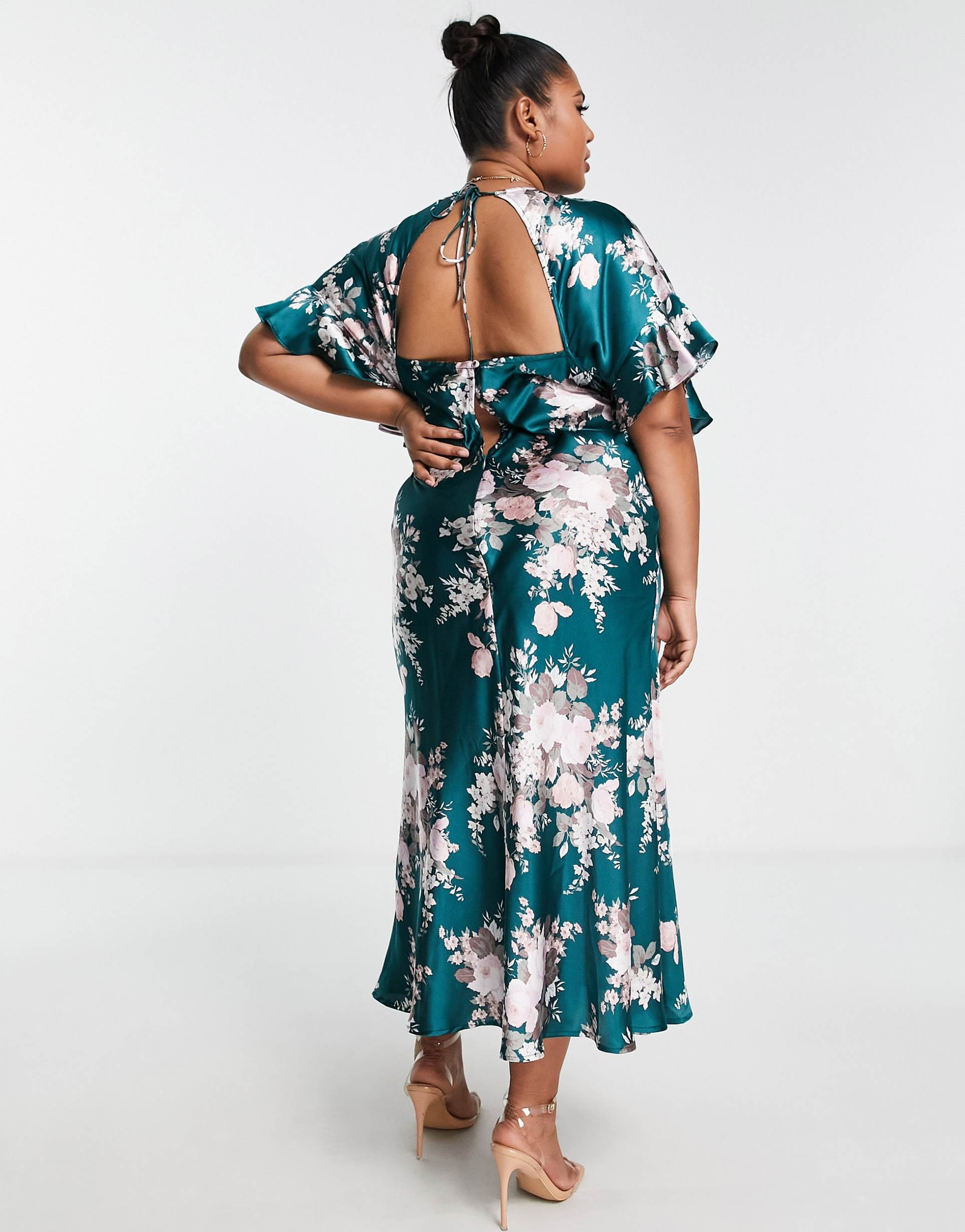 ASOS DESIGN Curve satin midi dress with blouson bodice in vintage floral print view 3