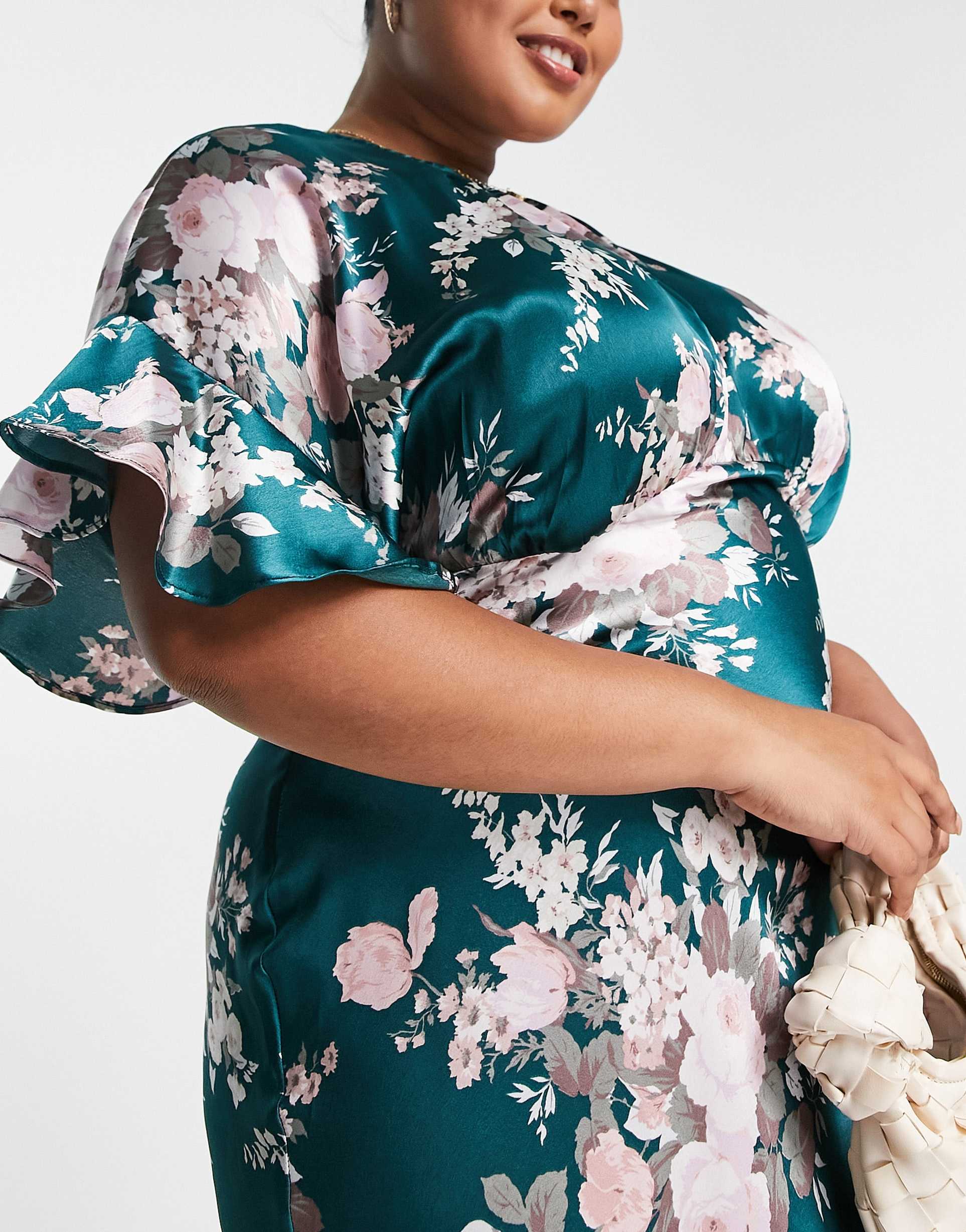 ASOS DESIGN Curve satin midi dress with blouson bodice in vintage floral print view 4