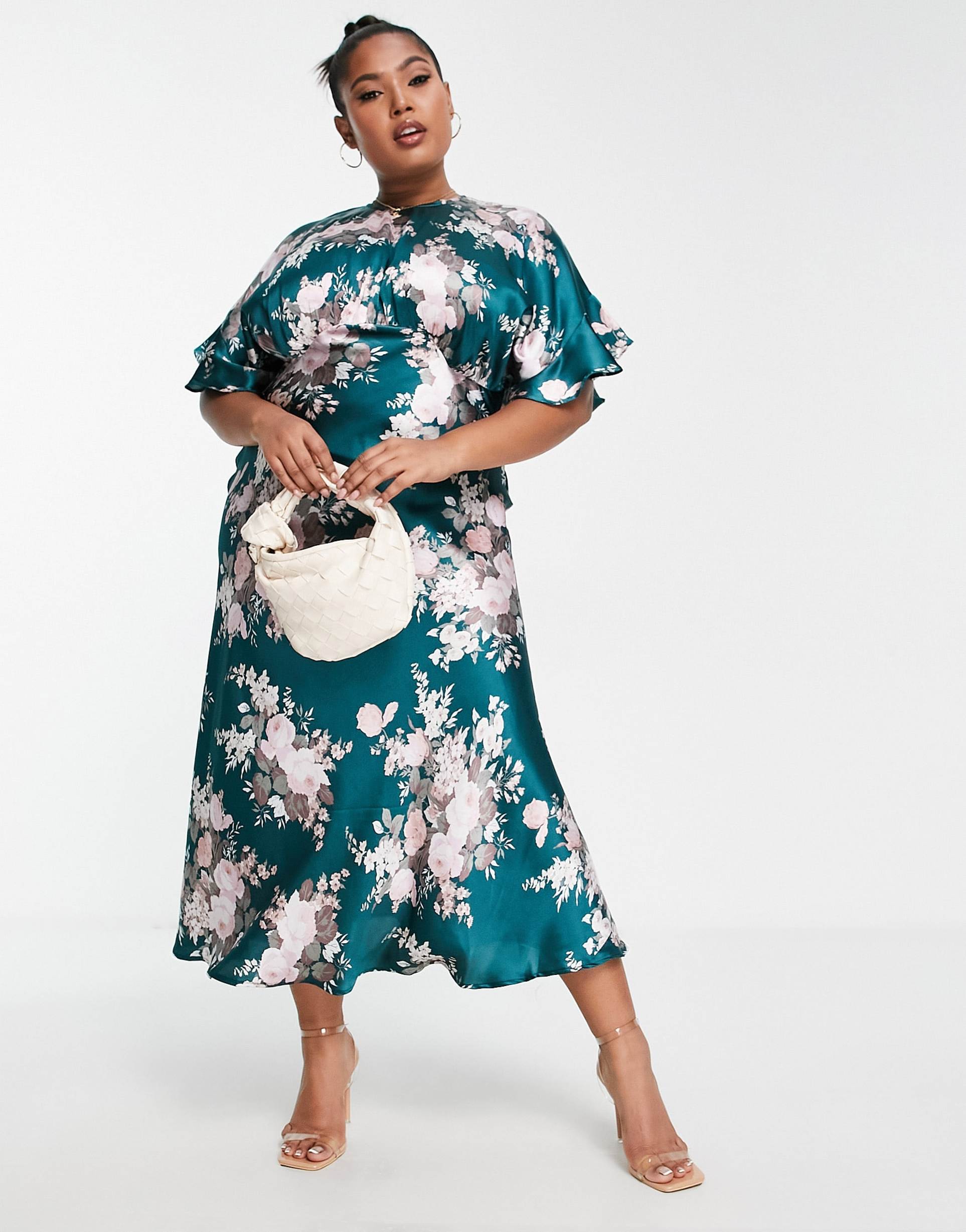ASOS DESIGN Curve satin midi dress with blouson bodice in vintage floral print