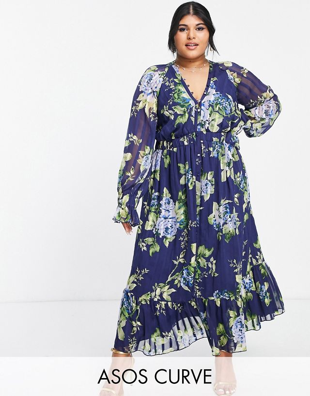 ASOS DESIGN Curve satin midi dress with blouson sleeve and button detail in navy floral print