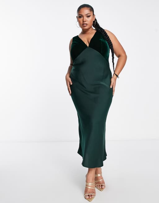 ASOS DESIGN Curve satin midi slip dress with velvet bodice detail in forest green