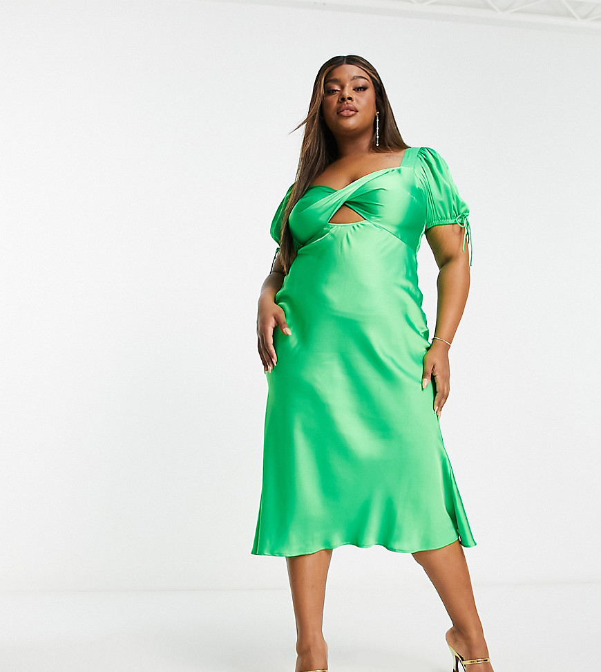 Asos Curve Asos Design Curve Satin Midi Tea Dress With Twist Front In Green