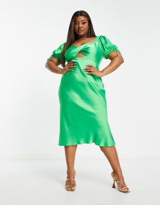 ASOS DESIGN Curve satin midi tea dress with twist front in green | ASOS