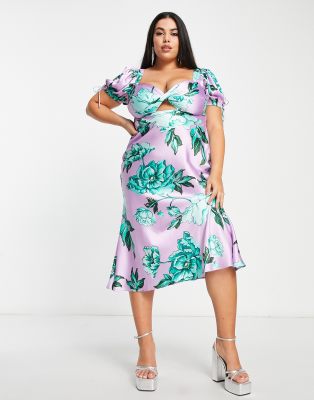 ASOS DESIGN Curve satin midi tea dress with twist front in lilac and green floral print-Multi